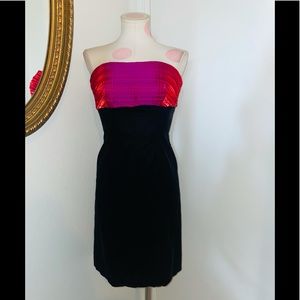 Kay Unger Vintage 90s Bright Pink Fuschia & Black Velvet Strapless Dress Size 2